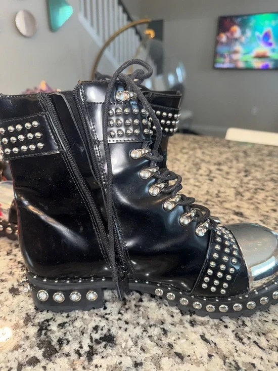 Jeffrey Campbell Black Lace-Up Combat Boots with Silver Caps - Picture 2 of 5